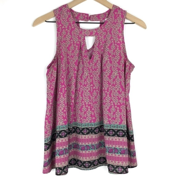 XHILARATION Top Sleeveless Keyhole High Neck V Cut Out Boho Southwestern Medium - Picture 1 of 9
